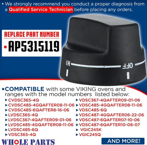 Miniatura 2 de Pomo de repuesto Whole Parts mejorado (negro) N.º de pieza PA010122 - Reemplazo y compatible con algunas parrillas Viking VGRC, IC, RT - Reemplaza