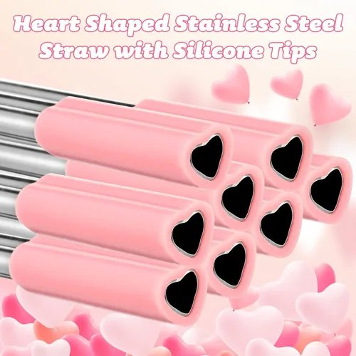 Miniatura 7 de Jutom Paquete de 8 pajitas de metal con forma de corazón, reutilizables, de acero inoxidable con puntas de silicona, lindas con 2 cepillos de Rosa