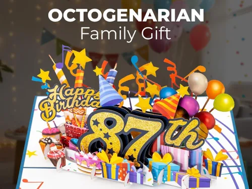 Miniatura 6 de iGifts And Cards Tarjeta desplegable 3D de feliz cumpleaños 87 – Diseño azul con números de purpurina, globos, pasteles y regalos – Tarjeta