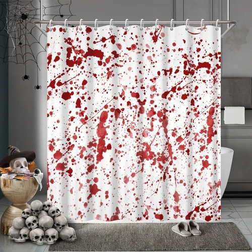 Miniatura 8 de Cortina de ducha de Halloween, juego de cortina de ducha de pared de sangre roja, 72 x 72 pulgadas con ganchos, decoración de Halloween horrible
