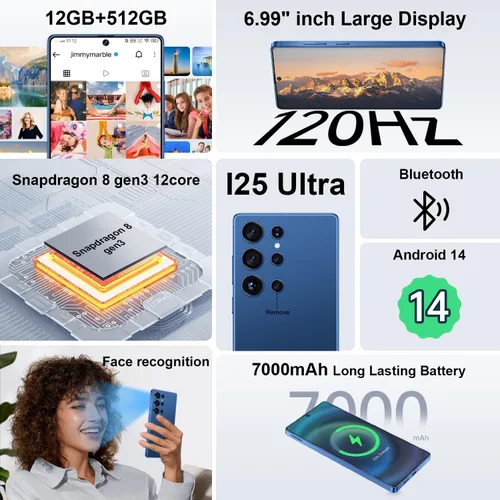 Miniatura 2 de I25 Ultra 5G Unlocked Smartphone,16GB+512GB 7000mAh Fully Cell Phone for Android 14, 6.99" HD Screen Unlocked Cell Phone, 68MP+108MP Dual