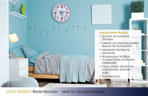 Miniatura 7 de TFA Dostmann Kids - Reloj de pared para niños, 60.3051.14, con motivos de animales, profesor de tiempo, sin tictac de cuarzo Azul claro