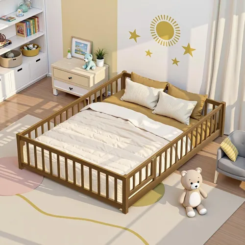 Miniatura 9 de Marco de cama Montessori de madera de tamaño individual con listones de madera, valla y puerta para niños, niñas y niños, espresso