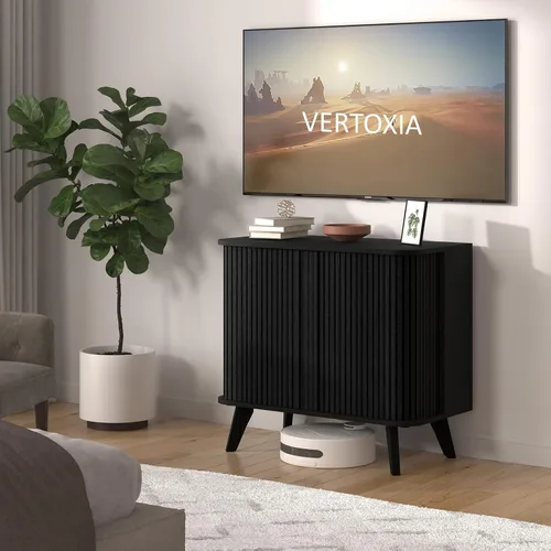 Miniatura 4 de Armario estriado de 27 pulgadas con puertas correderas, armario de almacenamiento moderno con patas para sala de estar o entrada, color negro