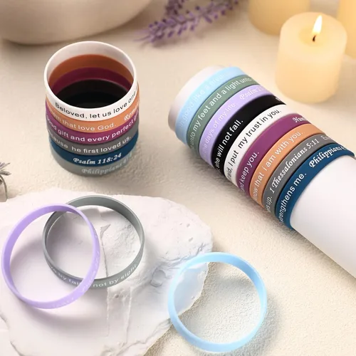 Miniatura 35 de Estune 120 pulseras de versículos de la Biblia, con cita motivacional, pulseras de goma, pulseras de silicona religiosas, pulseras de silicona