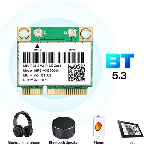 Miniatura 6 de WiFi 6E Half Mini PCI-E Tarjeta de red WiFi 802.11AX AC MPE-AXE3000H 2.4GHz 5GHz 6GHz 5400Mbps Tarjeta inalámbrica BT5.3 MU-MIMO mini PCIe Wi-Fi 6E