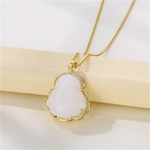 Miniatura 7 de Juego de 2 collares con dije de Buda de la suerte que ríe, cadena ajustable de eslabones de acero inoxidable, collar budista de cuentas de circonita