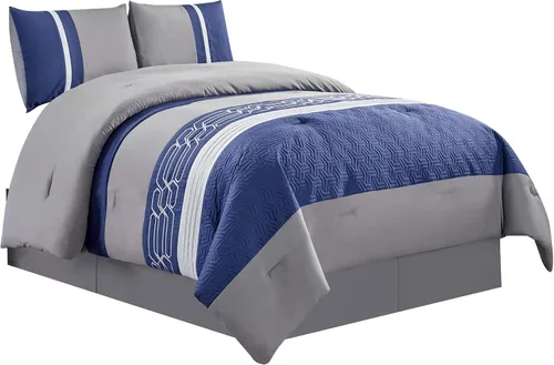 Miniatura 10 de WPM WORLD PRODUCTS MART LOLA - Juego de edredón alternativo bordado acolchado de plumón tamaño individual, incluye edredón azul/gris/blanco y funda