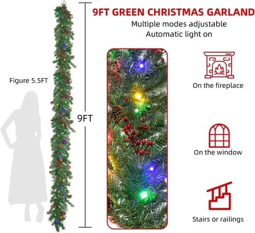 Miniatura 2 de Guirnalda de Navidad con luces de 9 pies, guirnalda de Navidad iluminada, funciona con pilas, 8 modos de iluminación, 50 luces LED, guirnalda