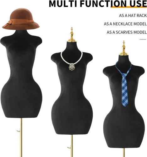 Miniatura 2 de Maniquí femenino de velour negro, con soporte de trípode ajustable en altura, para ropa y joyería, forma de vestido y exhibición de joyería