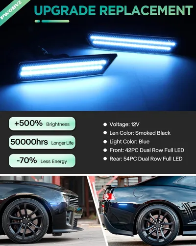Miniatura 2 de Luz de Marcador Lateral Azul Compatible para 5ta Generación Chevy Camaro 2010 2011 2012 2013 2014 2015, Luces de Parachoques Delanteras y Traseras