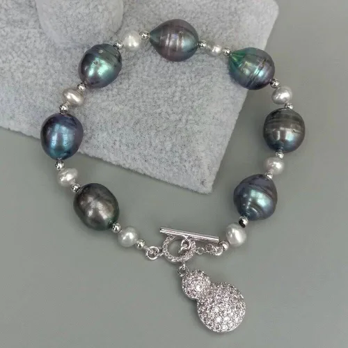 Miniatura 2 de Pulsera redonda de perlas de agua dulce cultivada de color gris arroz negro con cuentas #4341