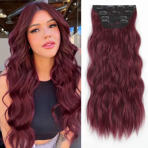 Miniatura 19 de ALXNAN Extensiones de cabello sintético largo y ondulado con clip, de 16 pulgadas, color negro natural, 4 piezas gruesas, fibra de doble trama