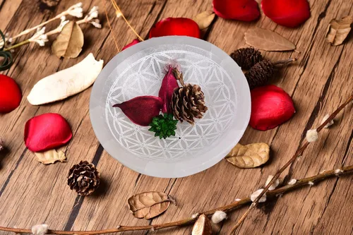 Miniatura 6 de AMOYSTONE Cuenco redondo de carga de selenita para piedras de cristal, 4 pulgadas, patrón de grabado de flor de la vida, 1, decoración del hogar