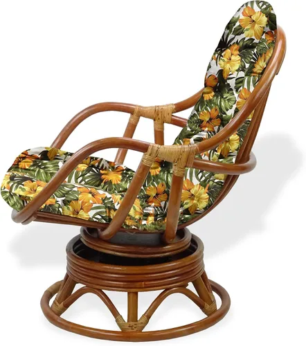 Miniatura 4 de Juego de 2 mecedoras giratorias Bali Lounge con cojín floral y mesa de centro redonda Pelangi, mimbre de ratán natural, hecho a mano, color colonial