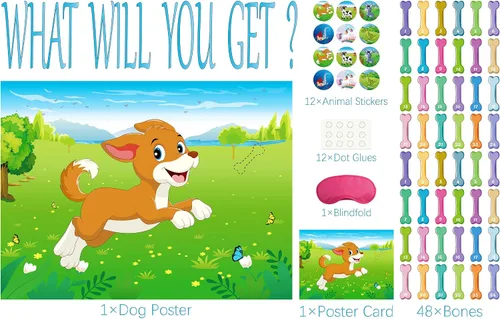 Miniatura 3 de Morcheiong Pin The Tail on The Dog - Juego de fiesta de cumpleaños con 48 huesos, dale al cachorro un juego de huesos para niños, suministros