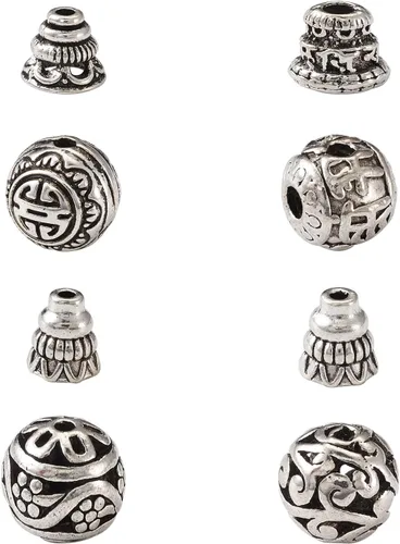 Miniatura 8 de Juego de 10 cuentas de plata tibetana de gurú de 3 agujeros, cuentas perforadas en T, cuentas de gurú budista, cuentas sueltas de metal, cuentas