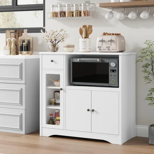 Miniatura 2 de HORSTORS Armario para microondas, armario de almacenamiento de cocina con 3 puertas y 1 cajón, aparador de buffet con estantes ajustables, soporte