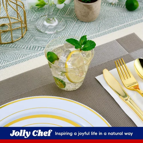 Miniatura 6 de JOLLY CHEF Paquete de 200 vasos de plástico con purpurina de 9 onzas, vasos dorados desechables, vasos de plástico transparente para boda, Acción