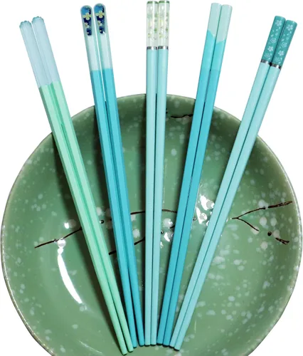 Miniatura 3 de 5 pares de palillos reutilizables de fibra de vidrio azul y verde, palillos japoneses, coreanos, chinos, antideslizantes, aptos para lavavajillas