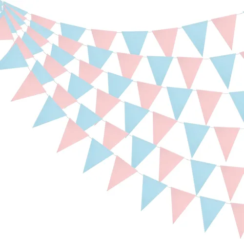 Mefuny Banderín de revelación de género de 30 pies, 48 unidades, color azul claro y rosa, banderas triangulares de papel para decoración para baby