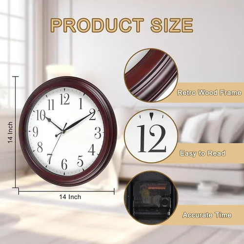 Miniatura 2 de Reloj de pared de madera redondo de 14 pulgadas, funciona con pilas, sin tictac, analógico, rústico, para cocina, sala de estar, dormitorio, día