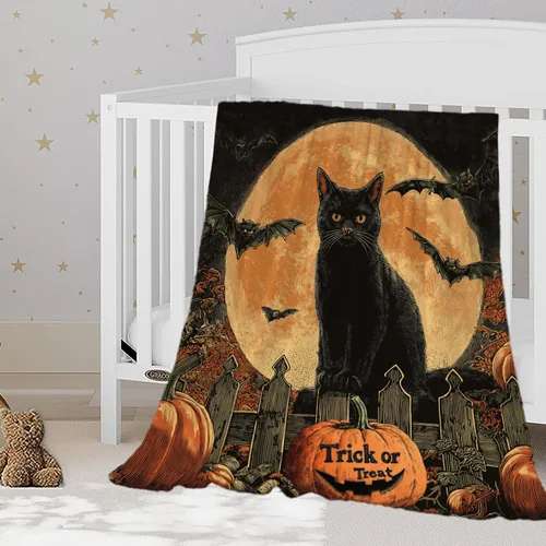 YeeJu Manta de Halloween con diseño de calabaza y gato negro, manta de bebé pequeña para regazo, bebé, bebé, cuna, carriola, acogedora, suave,