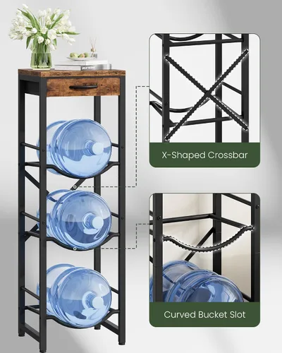Miniatura 6 de CHOEZON Soporte para Jarra de Agua de 5 Galones, Soporte para Botella de Agua, Estante de Almacenamiento para Hervidor de 3 Niveles con Cajón, Negro