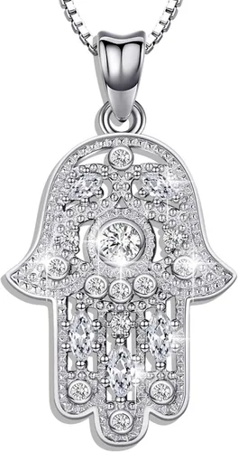 Aniu Collar de plata de ley 925 para mujer colgante de mano de Fátima con circonita cúbica viene con caja de regalo de joyería negra y cadena de 18
