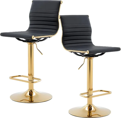 Miniatura 8 de Taburetes de bar ajustables de piel sintética, taburete de bar negro y dorado con respaldo, moderno taburete giratorio de altura de mostrador