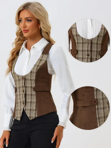 Miniatura 2 de Allegra K Chaleco vintage para mujer, a cuadros, con botones, sin mangas, con panel de gamuza sintética, chalecos elegantes
