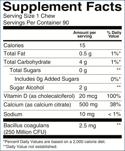 Miniatura 9 de Masticables de citrato de calcio sin azúcar BariatricPal 500mg con vitamina D y probióticos Frambuesa azul 90 unidades (Suministro para 1 mes)