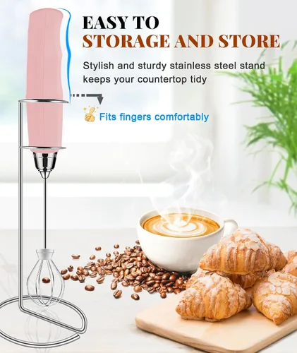 Miniatura 2 de YUSWKO Espumador de leche de mano para café con soporte, mezclador de bebidas recargable con 3 cabezales, 3 velocidades, batidor eléctrico de café