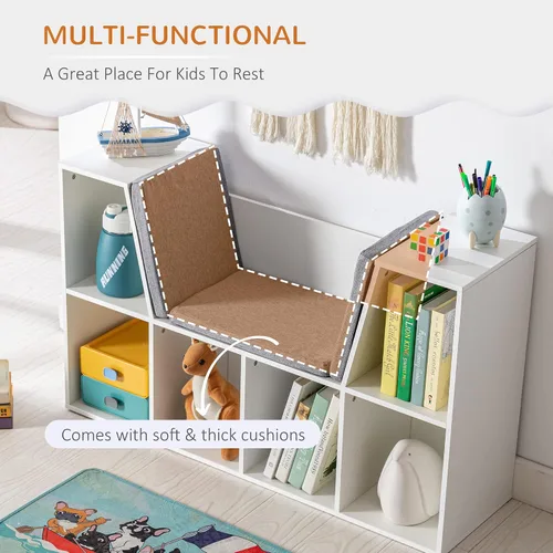 Miniatura 5 de HOMCOM Estantería infantil de 6 compartimentos con rincón de lectura y cojín, organizador de almacenamiento multiusos para dormitorio, sala de Gris