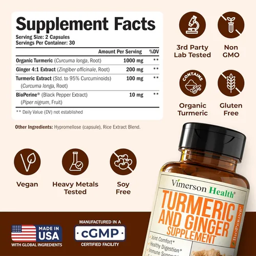 Miniatura 2 de Suplemento natural de apoyo para las articulaciones con BioPerine y 95 % de curcuminoides; contiene curcumina de cúrcuma, cúrcuma, jengibre