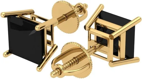 Miniatura 2 de 2.0 ct Brillante Corte Princesa Solitario VVS1 Ónix Negro Natural Par de Aretes de Stud Sólido Oro Amarillo de 18 K Tornillo Atrás, Oro amarillo