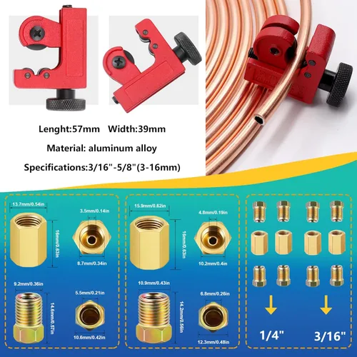 Miniatura 4 de smseace 55Pack Kit de línea de freno de 3/16 Pulgadas+1/4 Pulgadas Incluye 25 Pies de líneas de freno bañadas en cobre con accesorios