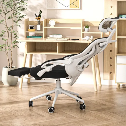 Silla de oficina ergonómica con reposapiés, soporte lumbar ajustable y reposacabezas, silla de computadora reclinable de malla de 90-160°, oficina