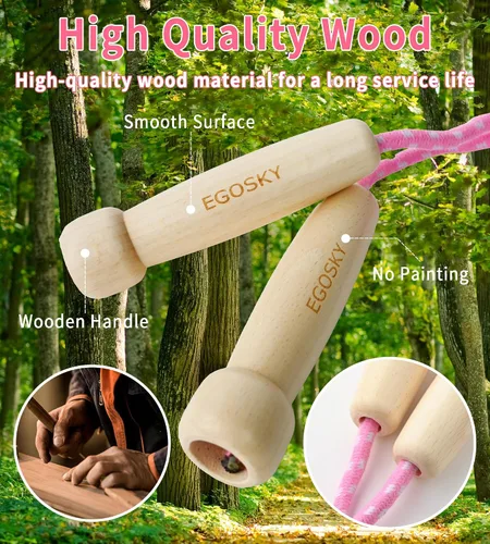Miniatura 3 de EGOSKY - Cuerda de saltar para mujeres, hombres y niños, cuerda de saltar ajustable con mango de madera para adultos, niños y niñas, ejercicio