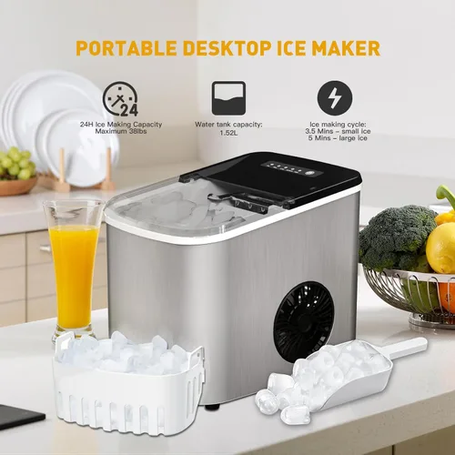 Miniatura 3 de Máquina de hielo para encimera de 38 libras por día, 9 cubitos de hielo en 3.5 minutos, máquina de hielo portátil autolimpiante con 2 tamaños tipo