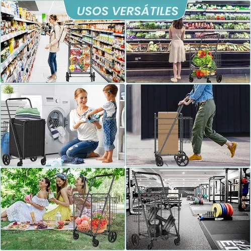 Miniatura 7 de Carrito de compras con capacidad de 150 kg para comestibles, carrito de comestibles jumbo mejorado con forro impermeable, ruedas giratorias de 360°