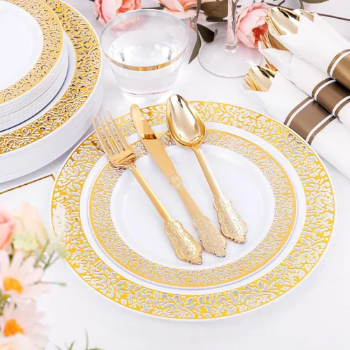 Miniatura 5 de DaYammi 210 platos de plástico dorados, juegos de vajilla de plástico dorado, incluye: 30 platos llanos, 30 platos de ensalada, 30 servilletas Y oro.
