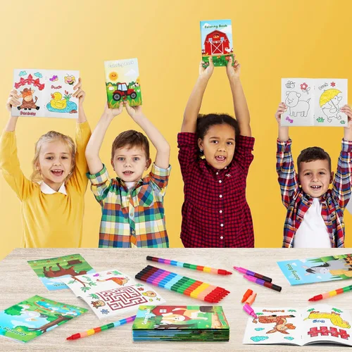 Miniatura 7 de BenLouis 24 mini libros para colorear de animales de granja para niños con 24 crayones apilables, regalos de fiesta de granero, libros