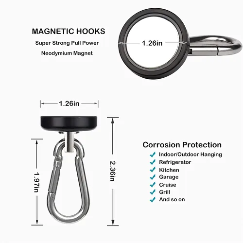 Miniatura 3 de WELLZEER Ganchos magnéticos de 100 libras, ganchos magnéticos negros con mosquetón giratorio para colgar refrigerador, fuerte imán de neodimio