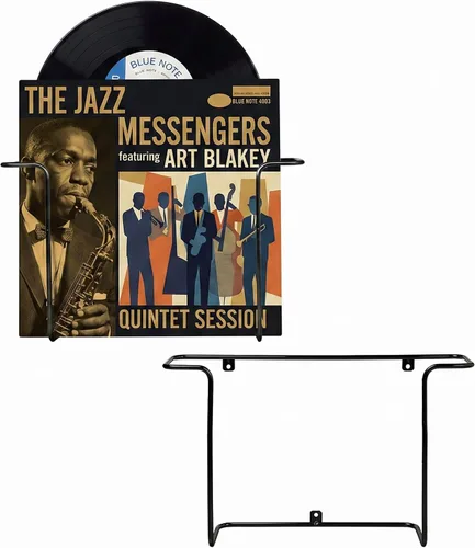 Miniatura 6 de MyGift Paquete de 2 soportes de vinilo para montaje en pared, estante flotante para discos de vinilo, estantes de exhibición de pared de metal negro