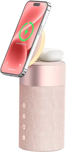 Miniatura 9 de COLSUR Altavoz Bluetooth, cargador inalámbrico magnético, altavoces Bluetooth con luz nocturna, estación de carga inalámbrica 2 en 1 para iPhone