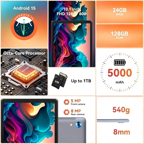 Miniatura 2 de Android Tablet with 10.1 inch 1280 * 800 IPS HD Touchscreen, Octa-Core Processor, 128GB Storage, 1TB TF Card Expandable, 5G/2.4G WiFi, BT 5.0,Dual