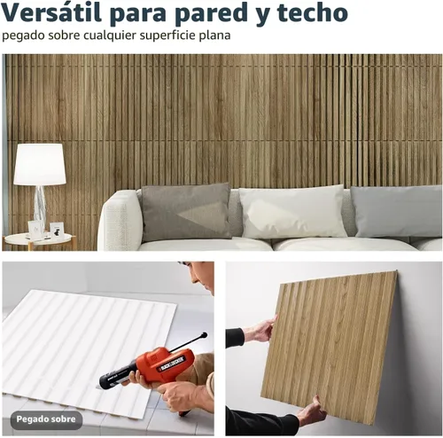 Miniatura 7 de Art3d Panel de pared de listones 3D, panel texturizado acanalado de 12 baldosas 19.7 x 19.7 pulgadas - Nogal Cuadrado - Nogal