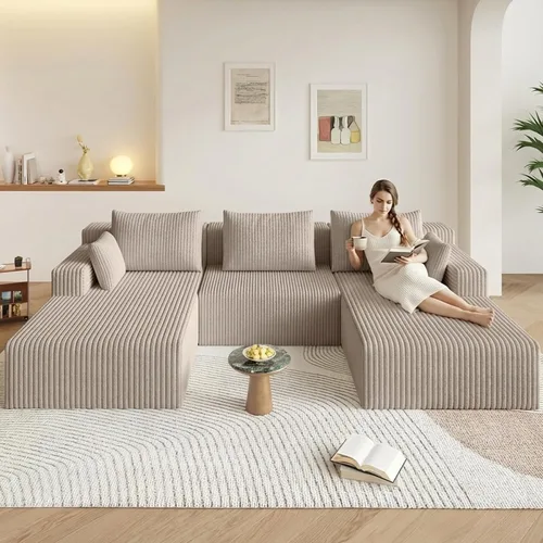 Miniatura 21 de Sofá modular Cloud de 95 pulgadas con otomana, moderno sofá nube en forma de U con asiento profundo, cómodo sofá de pana de 3 plazas, sofá de espuma