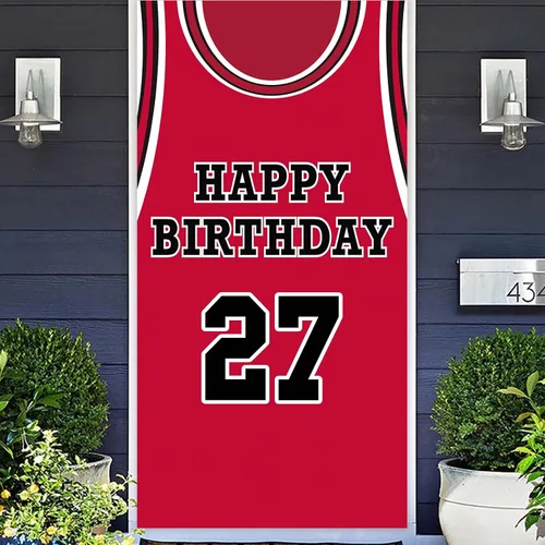 Miniatura 14 de Cartel de feliz cumpleaños 10 pancarta de fondo rojo de baloncesto estrella jugador de deportes decoración para hombre niño 10 cumpleaños